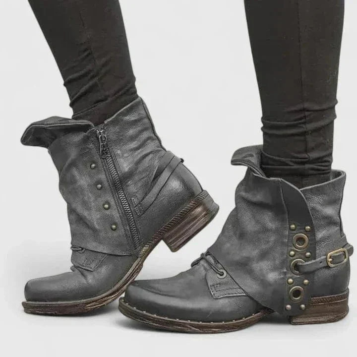 Xanthe | Women's Ankle Boots | Distressed Faux Leather, Buckle Strap | Western Style
