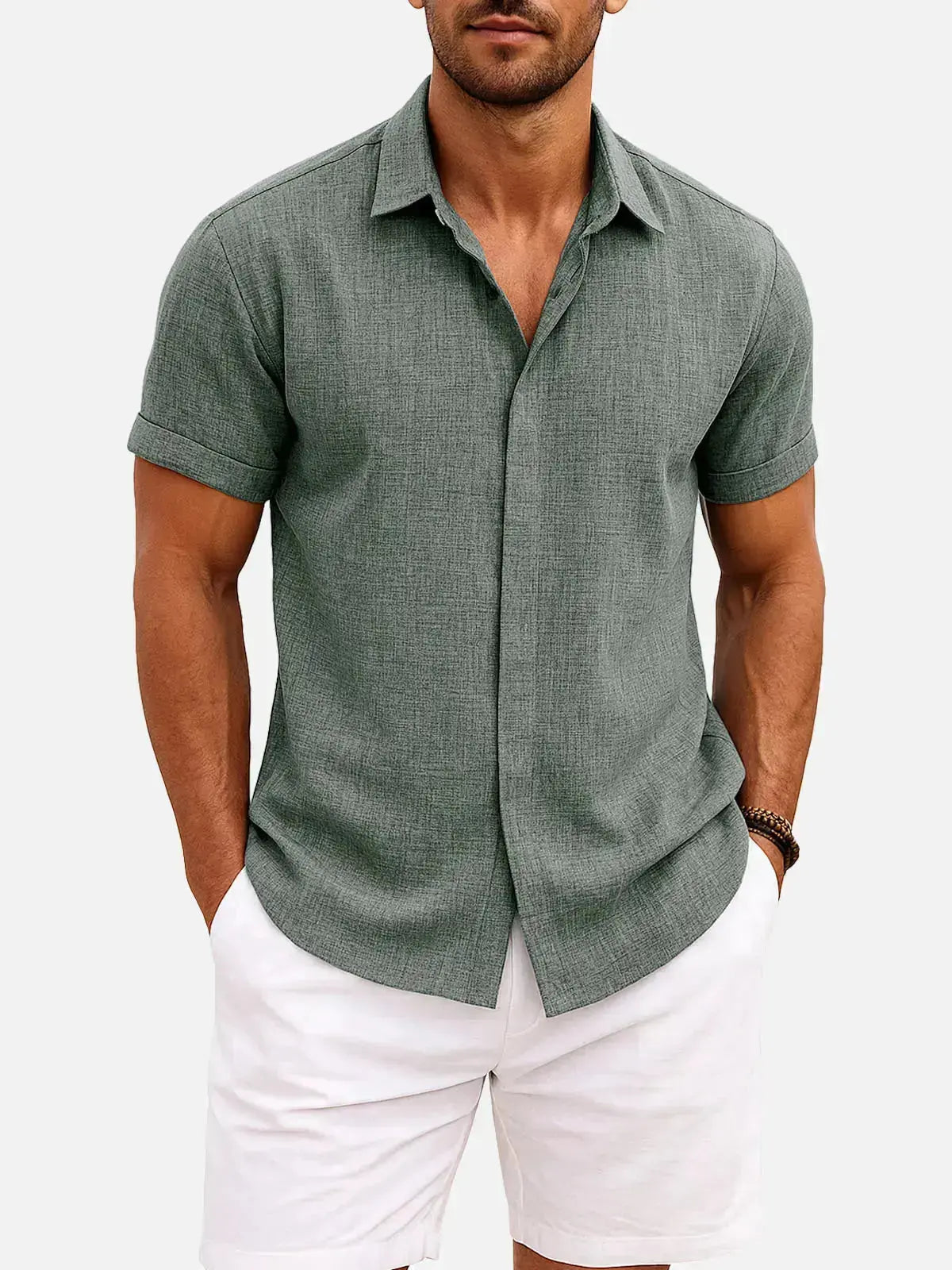 Linen Shirt Men Short Sleeve Button Down Regular Fit Cotton Blend