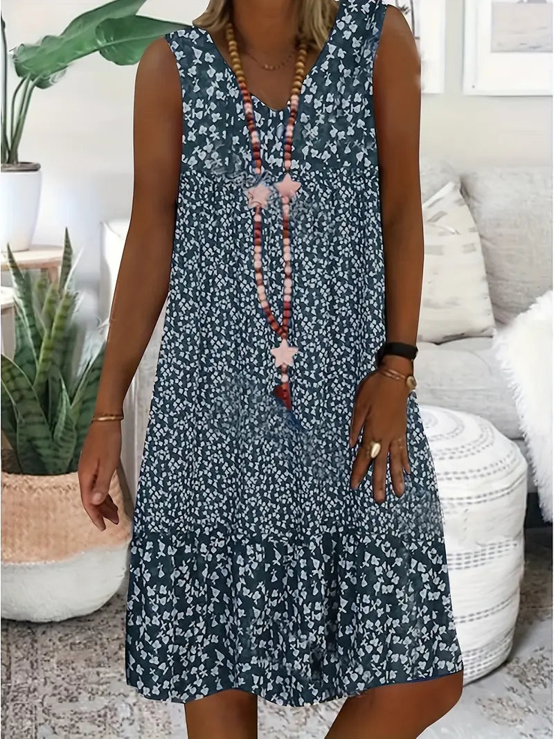 Floral Dress Women Lightweight Midi Length Sleeveless V Neck