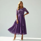 Cocktail Dress Women Midi Length Layered Tulle Lace Sheer Sleeve