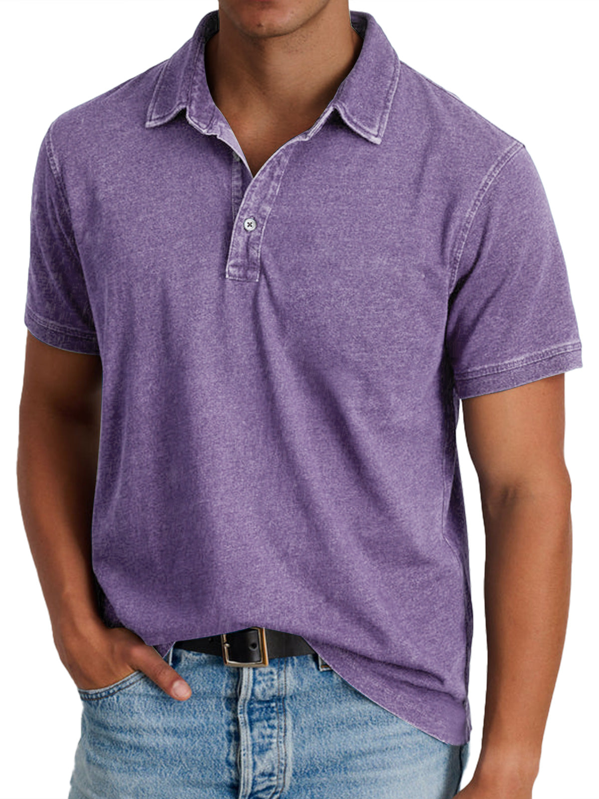 Polo Shirt Men Button Placket Collar Relaxed Fit Lightly Faded
