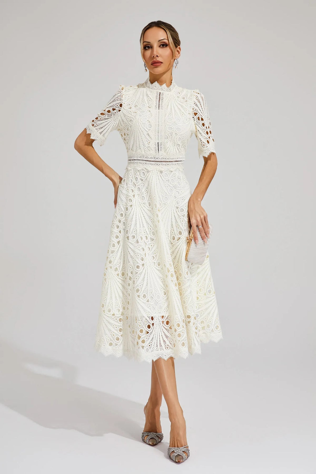 Women lace midi dress A-line fit and flare with mock neck and cutout waist