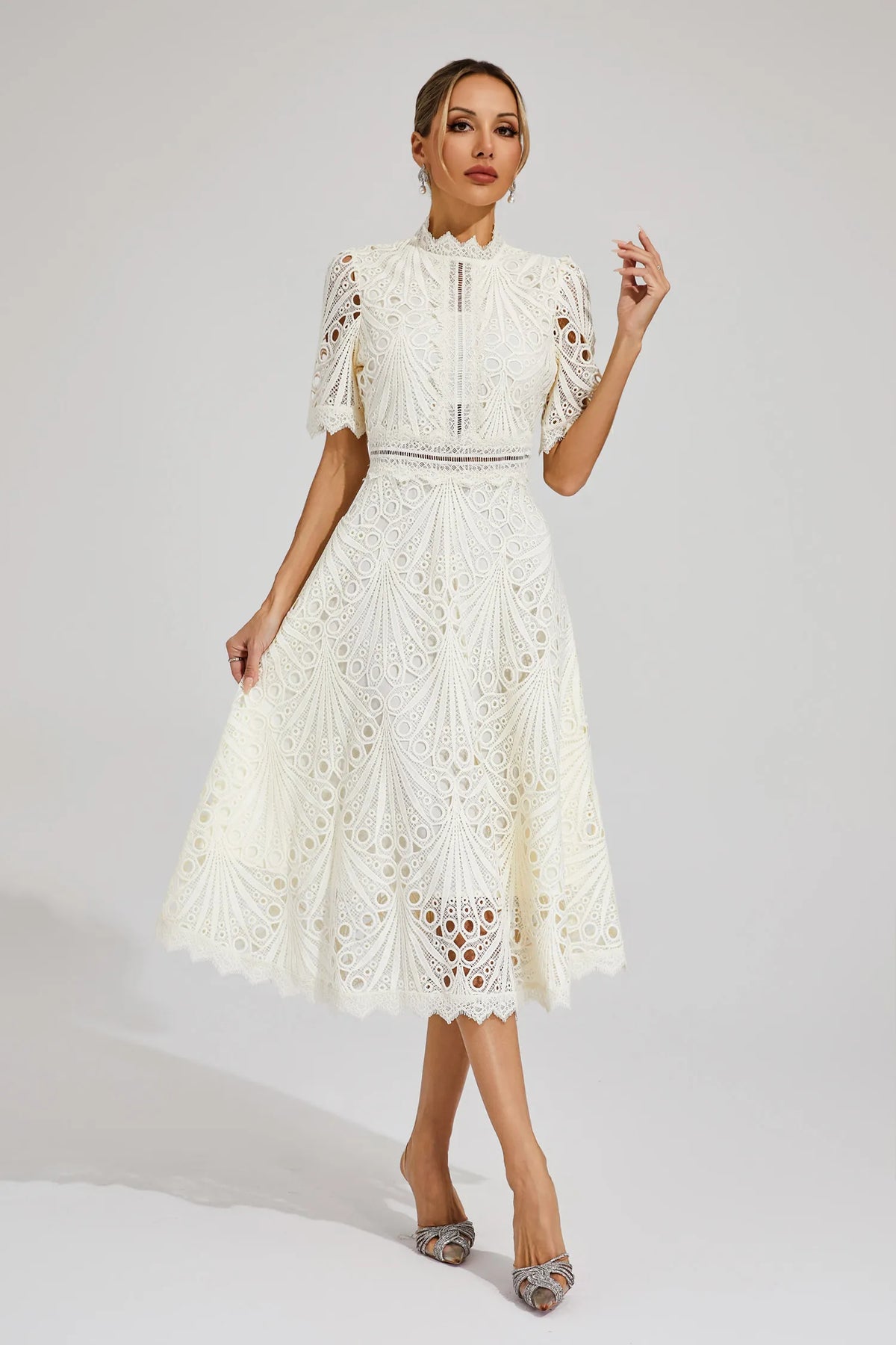 Women lace midi dress A-line fit and flare with mock neck and cutout waist