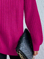 Women Ribbed Knit Turtleneck Sweater Side Slit