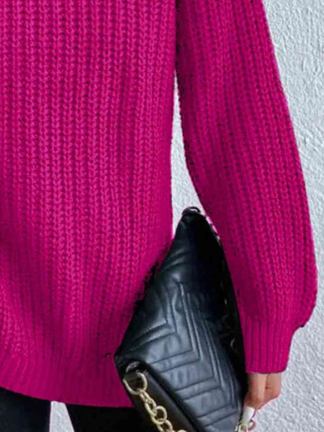 Women Ribbed Knit Turtleneck Sweater Side Slit