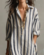 Aria | Women's Striped Maxi Dress | Blue, Lapel Collar, Casual Spring