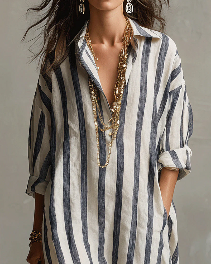 Aria | Women's Striped Maxi Dress | Blue, Lapel Collar, Casual Spring
