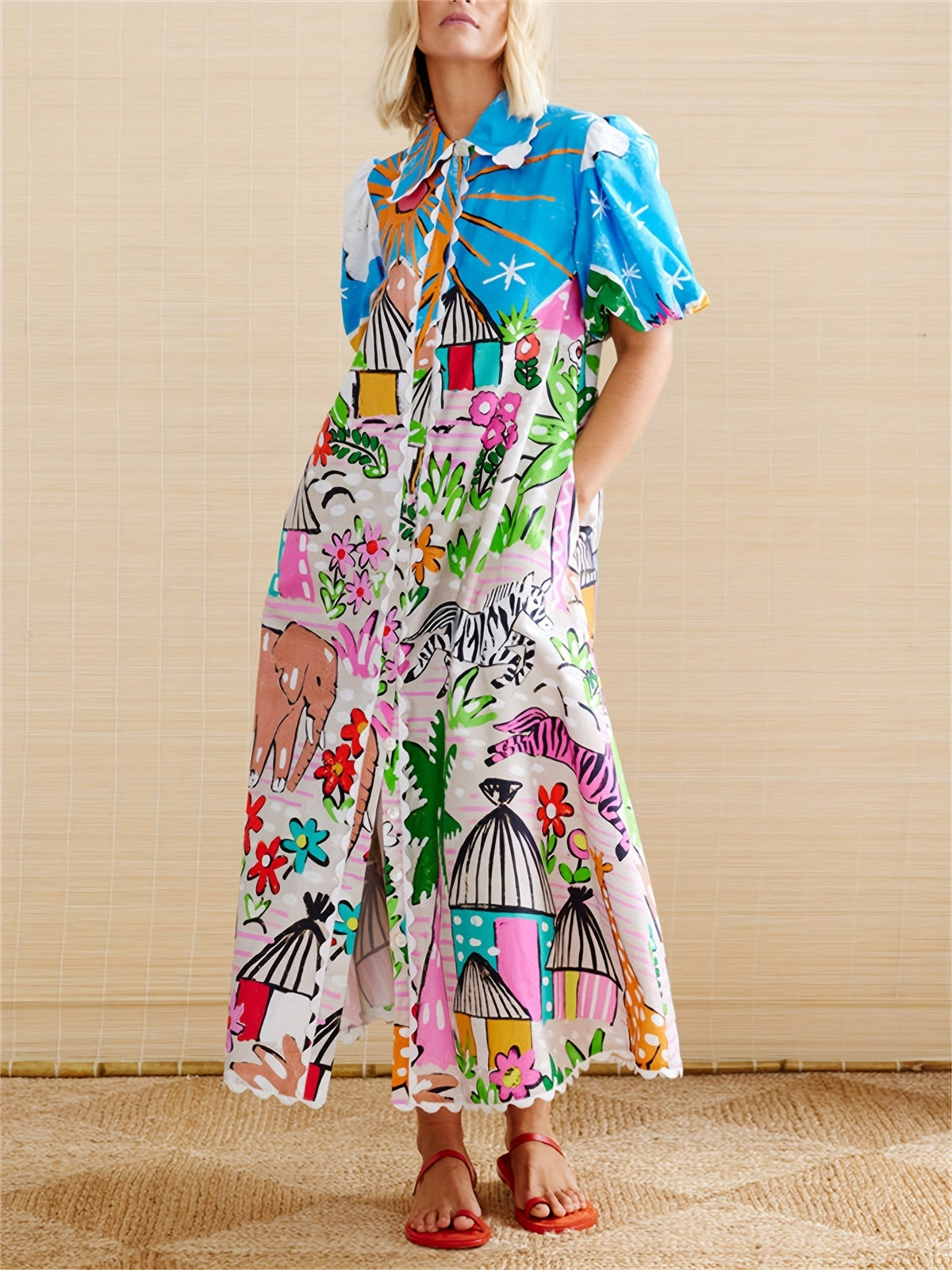Galia | Midi Dress | Tropical Print, Lapel Neckline, Summer