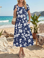 Nora | Women's Midi A-Line Dress | Puff Sleeves, Pockets, Blue