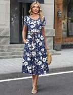 Nora | Women's Midi A-Line Dress | Puff Sleeves, Pockets, Blue