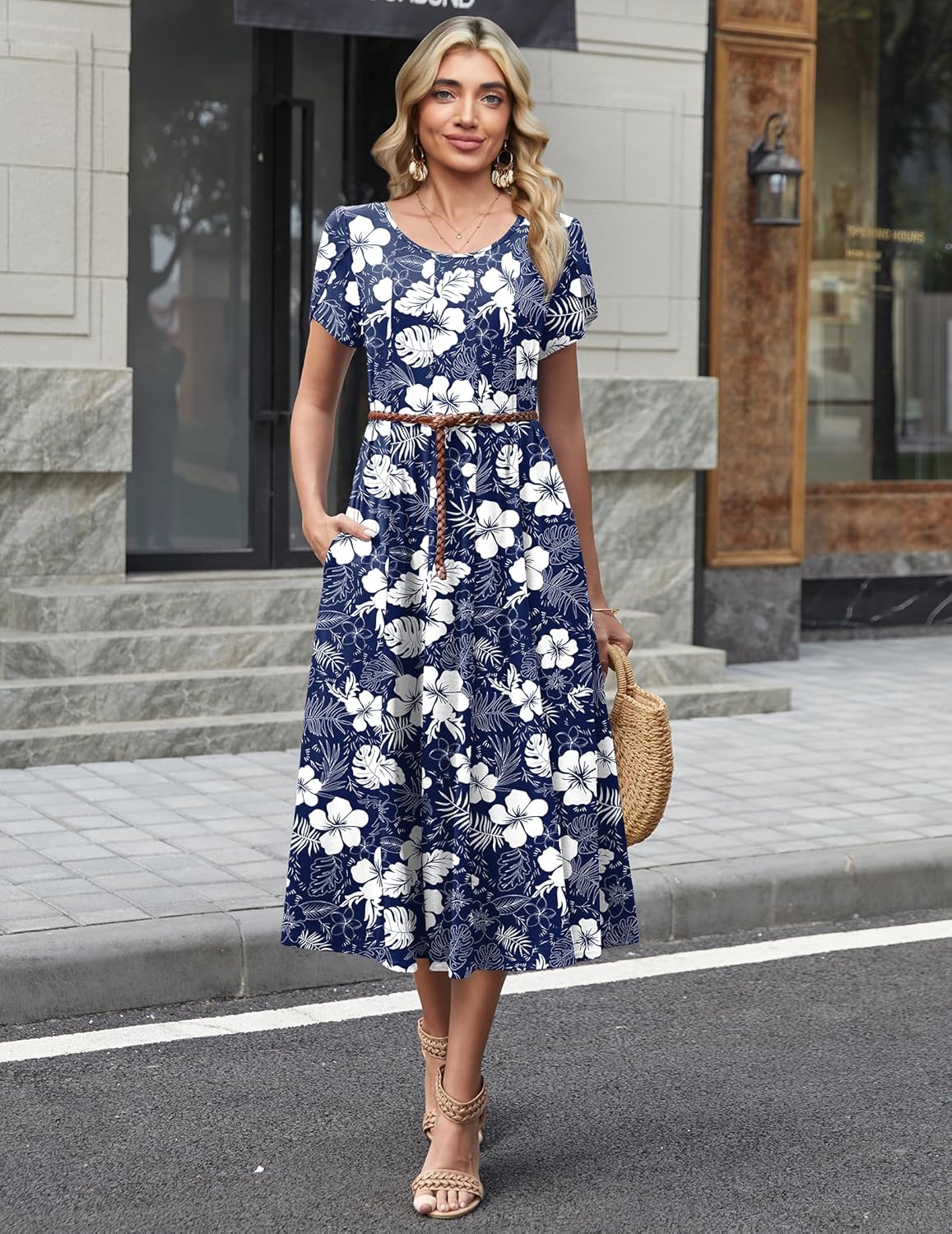Nora | Women's Midi A-Line Dress | Puff Sleeves, Pockets, Blue