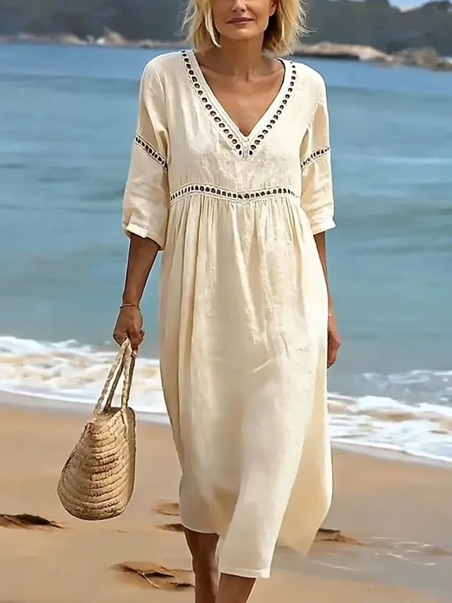 Summer dress women lightweight cotton V neck flowy, breathable fabric