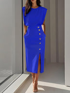 Calla | Women's Midi Dress | Round Neckline, Button Slit | Structured
