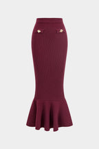 Women 2 Piece Knit Set Midi Skirt Ruffle Hem