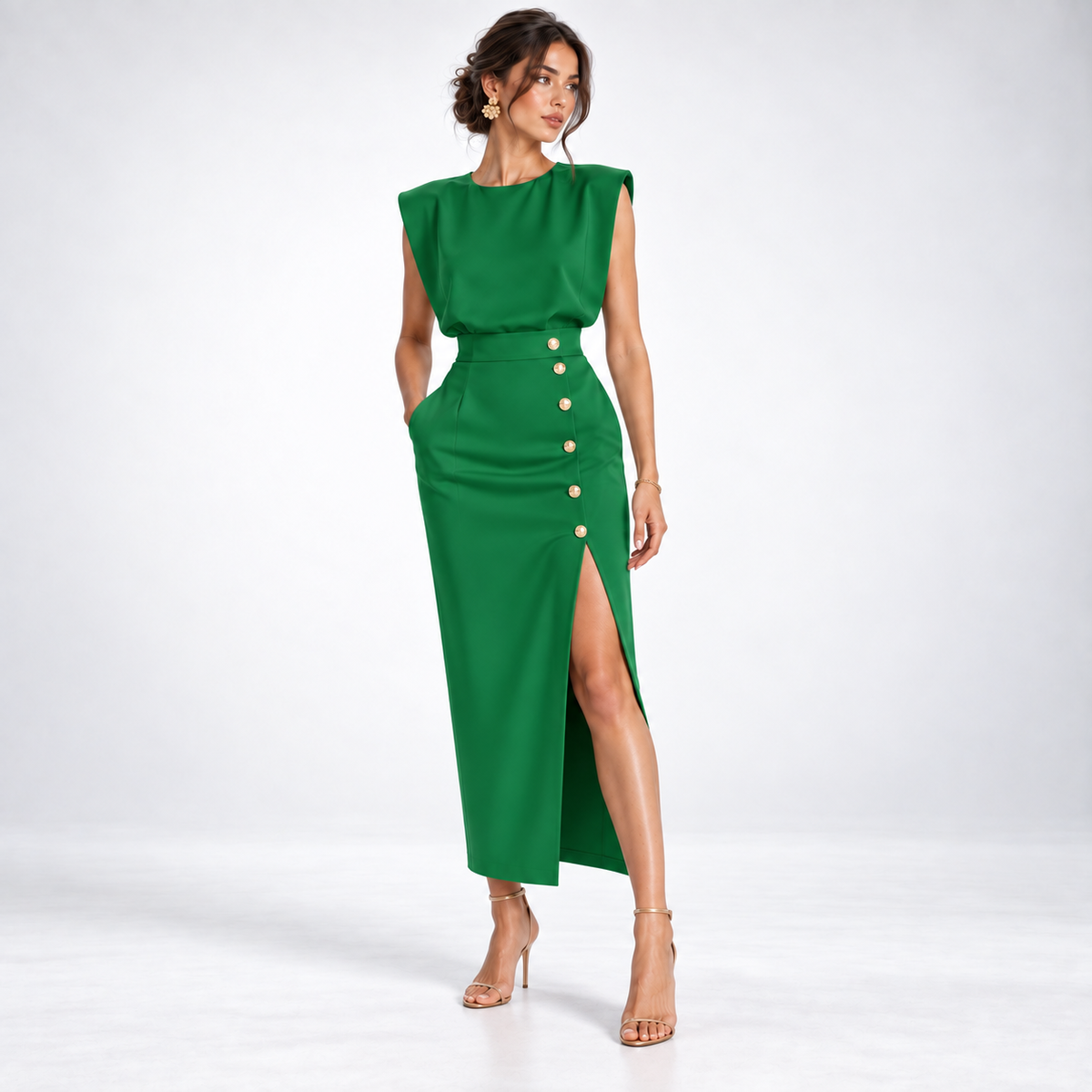 Midi Dress Women Sleeveless Fitted Lightweight Front Slit Button