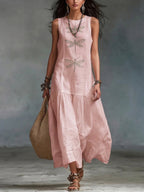 Linen Dress Women Long Cotton Blend Bohemian Dragonfly Embroidered