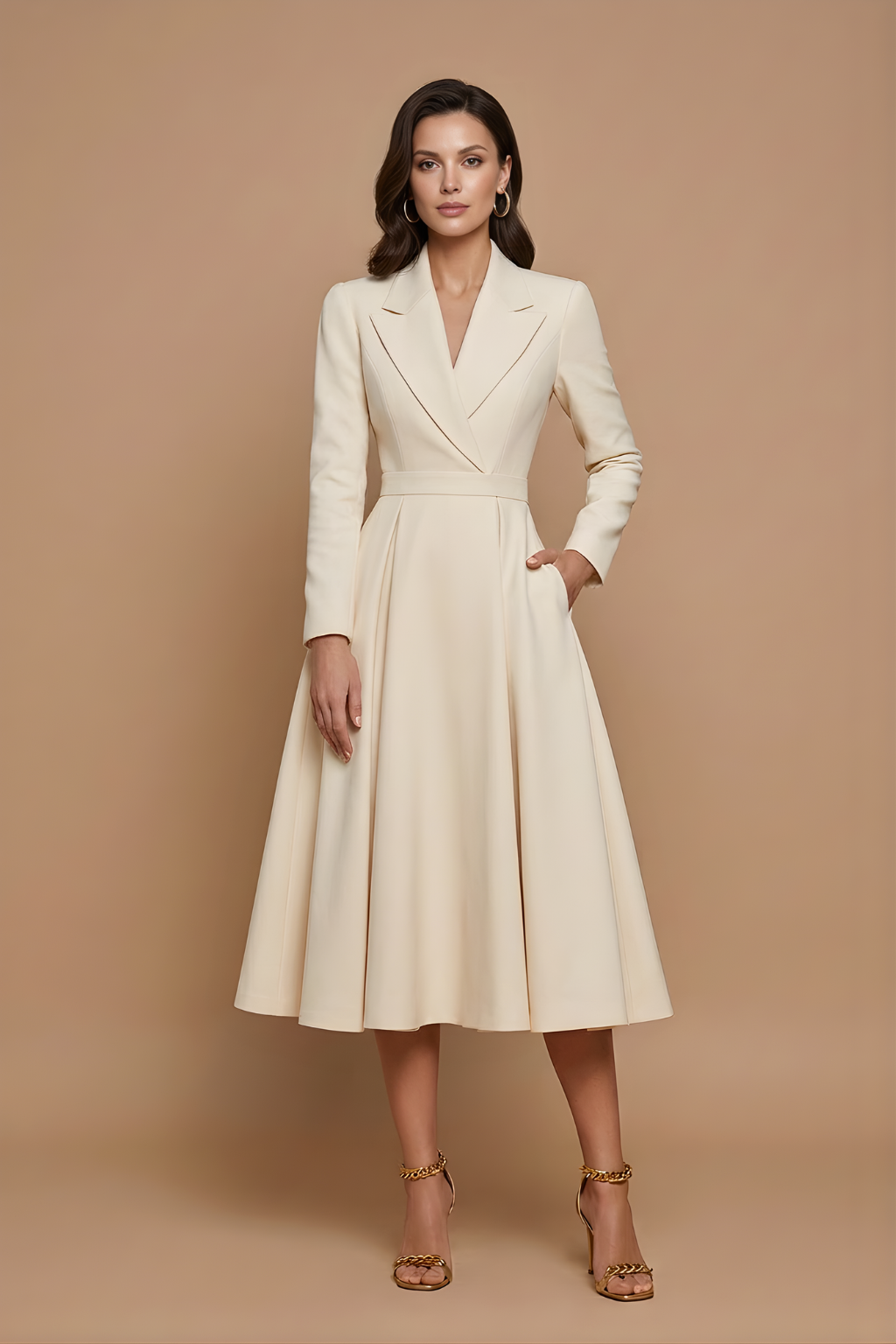 Midi Dress Women Pleated Full Skirt A Line Long Sleeve Notched Lapel