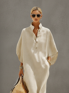 Linen Dress Women Maxi Oatmeal Relaxed Fit Mandarin Collar Casual