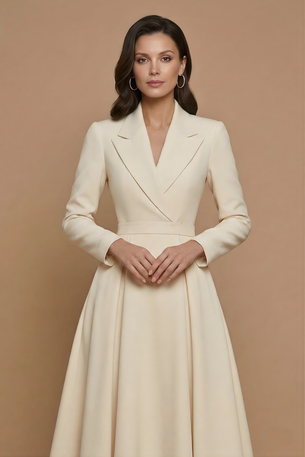 Midi Dress Women Pleated Full Skirt A Line Long Sleeve Notched Lapel