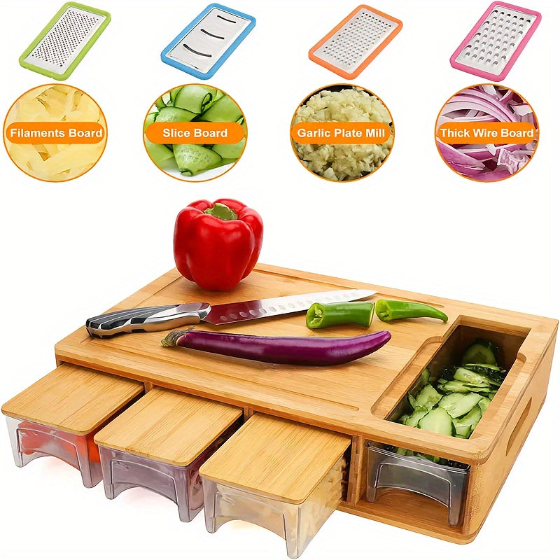 Delphine | Bamboo Cutting Board | Storage Trays, Graters & Juice Groove | Meal Prep Station