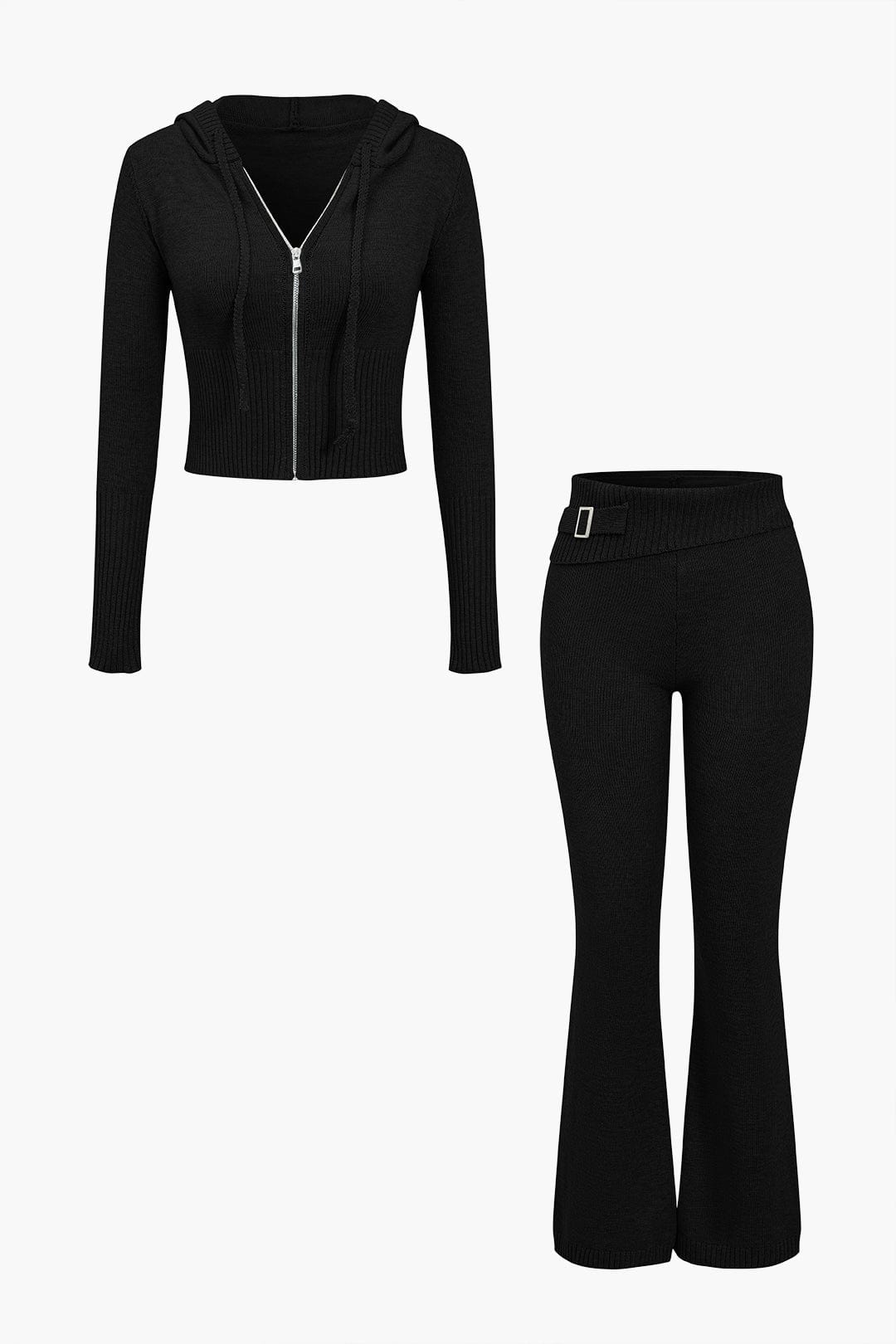 Women 2 Piece Knit Hoodie Flared Pants Set