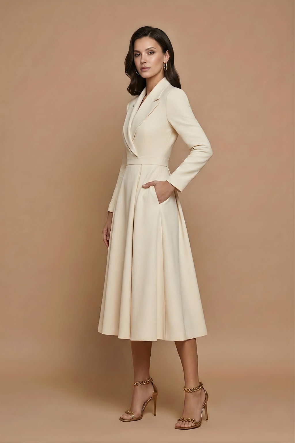 Midi Dress Women Pleated Full Skirt A Line Long Sleeve Notched Lapel