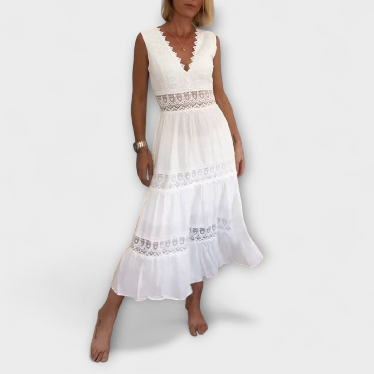 Women Lace Dress V-Neck Sleeveless Midi A-Line | Zinnia