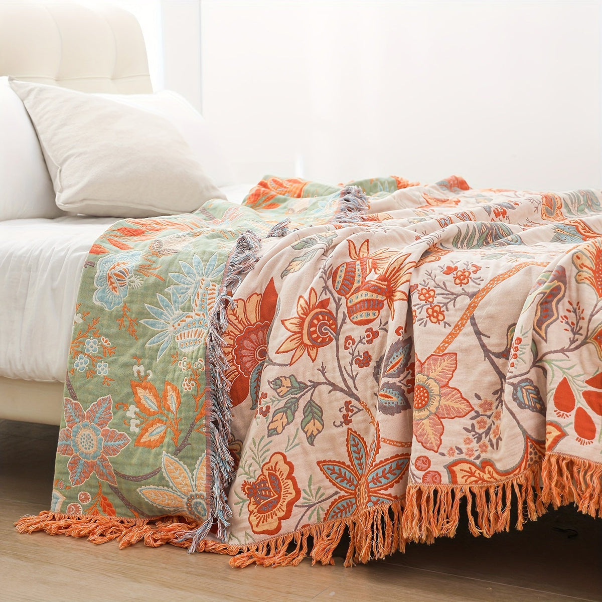 Nina | Throw Blanket | Bohemian Cotton, Tassel, Floral | Cream White, 200x230cm