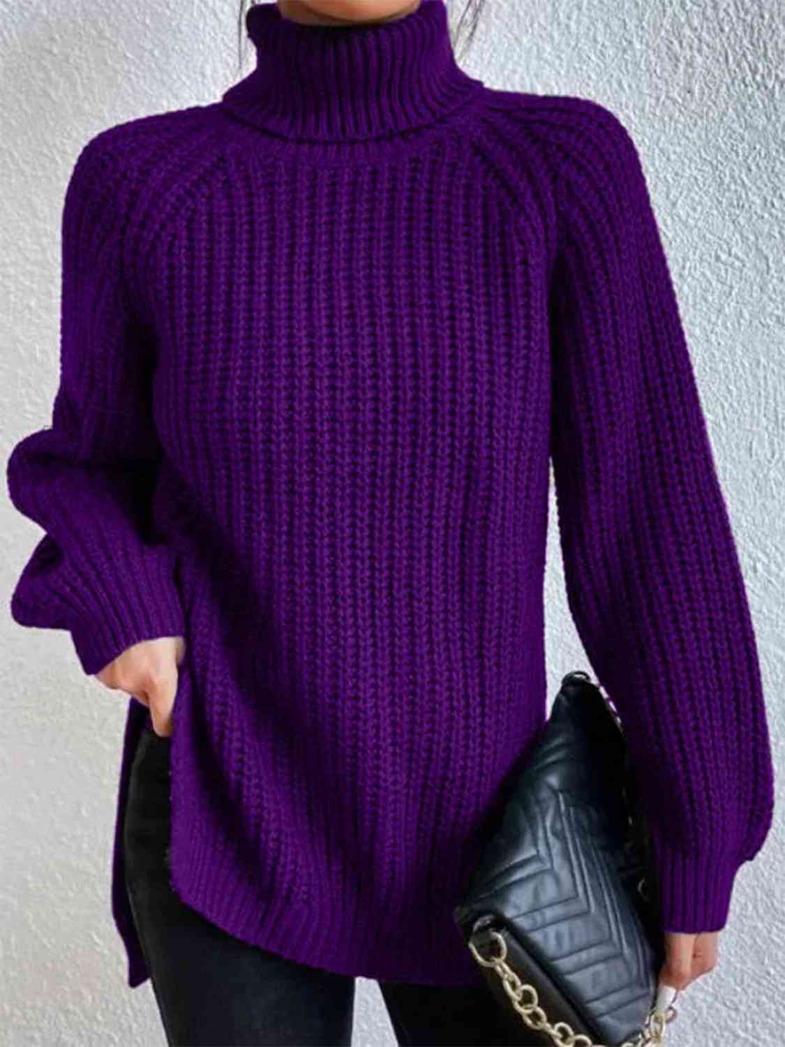 Women Ribbed Knit Turtleneck Sweater Side Slit