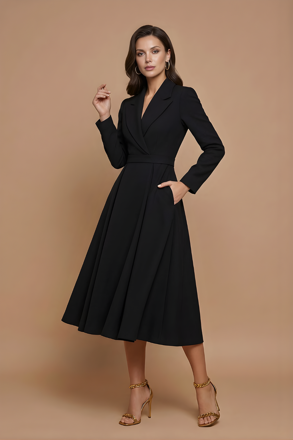 Midi Dress Women Pleated Full Skirt A Line Long Sleeve Notched Lapel