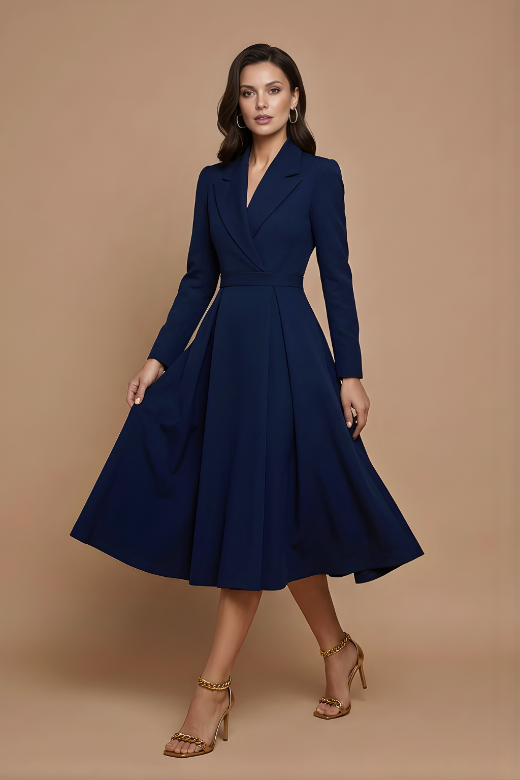 Midi Dress Women Pleated Full Skirt A Line Long Sleeve Notched Lapel
