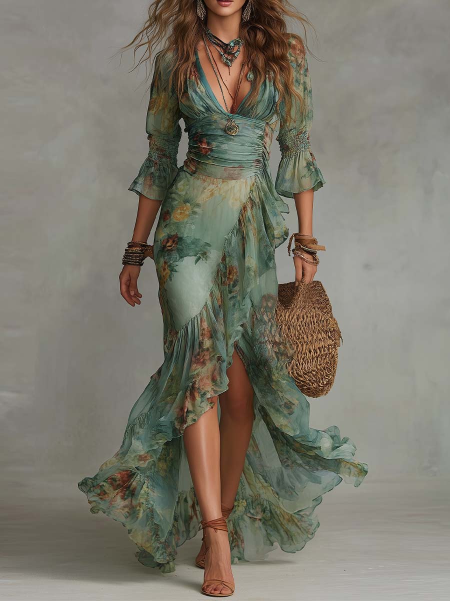 Wrap Dress Women Floral Print Maxi Bell Sleeve Ruffle Hem Flowy