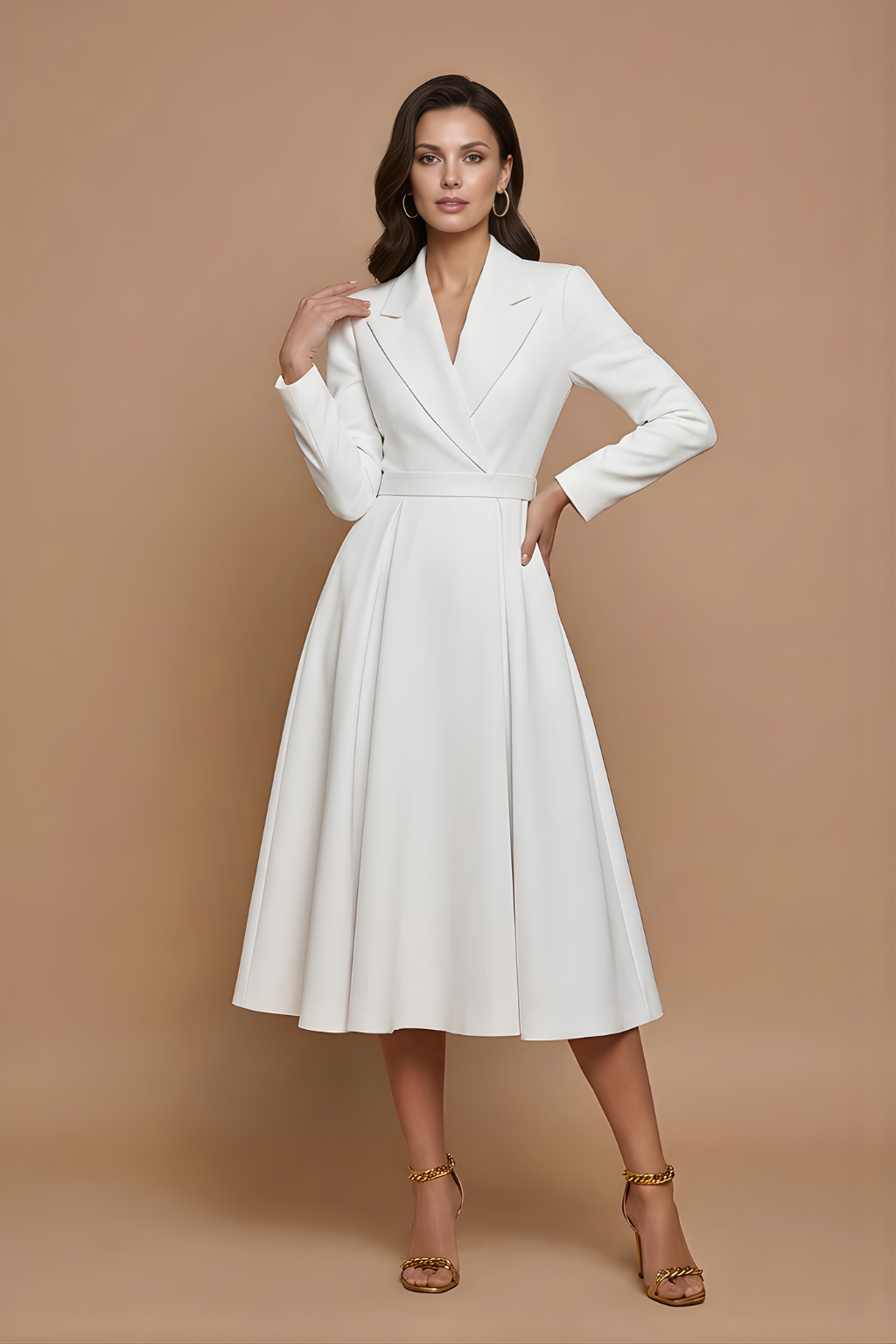 Midi Dress Women Pleated Full Skirt A Line Long Sleeve Notched Lapel