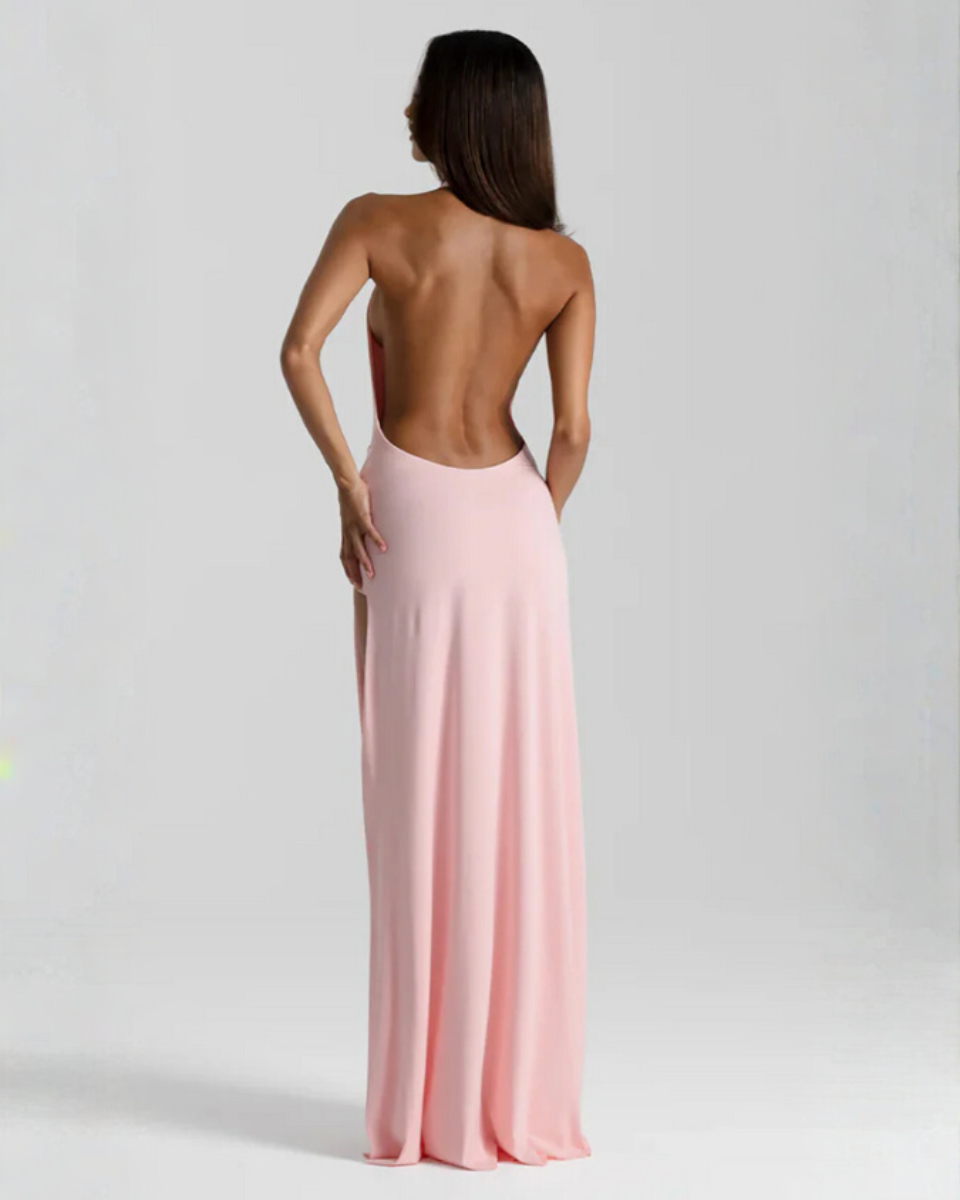 Maxi Dress Halter Neck Backless High Slit Flowy | Sorrel