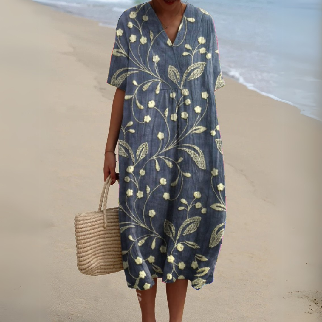 Summer Dress Women V Neck Cotton Linen Blend Floral Print Lightweight
