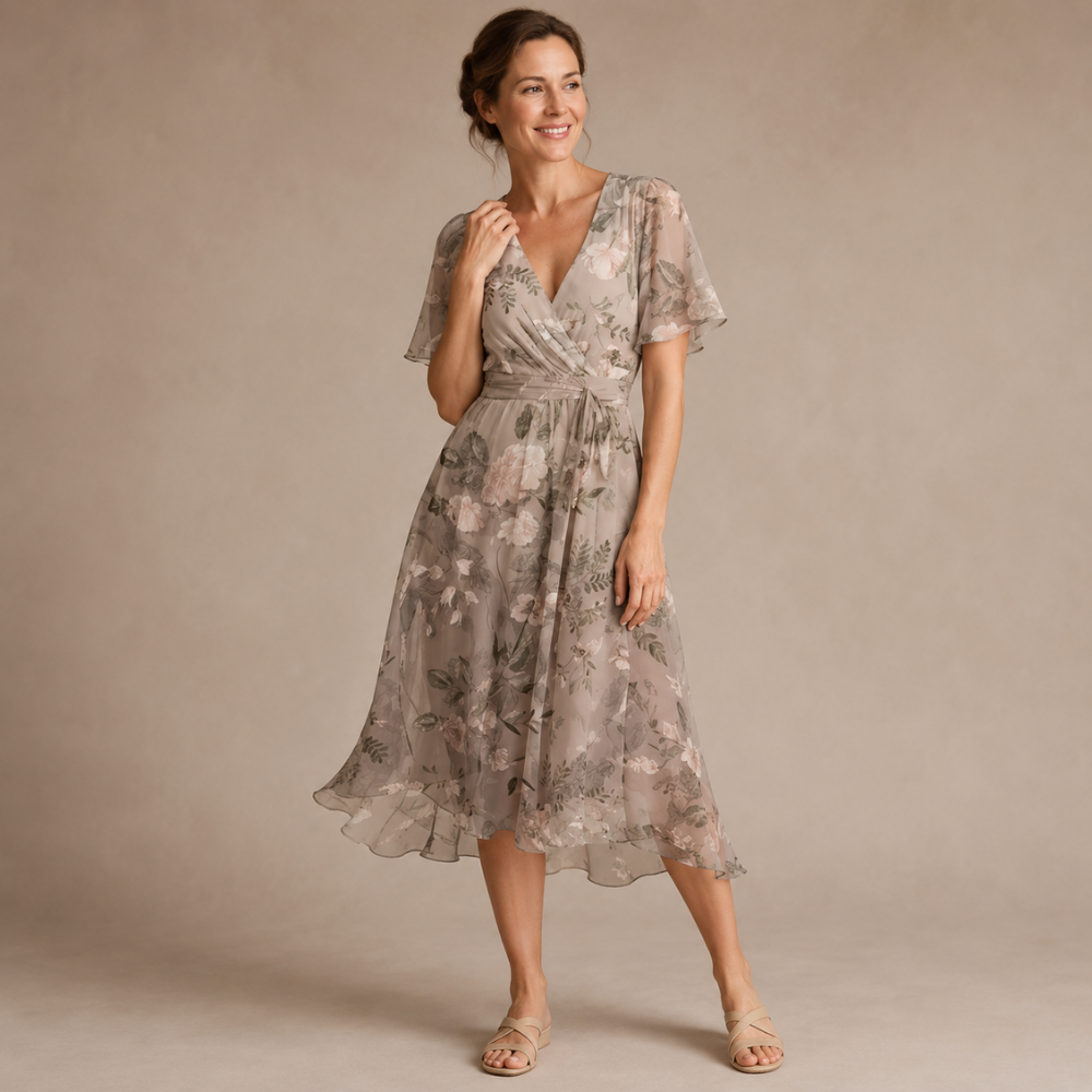 Floral Midi Dress Women Lightweight Stretch V Neck Empire Waist