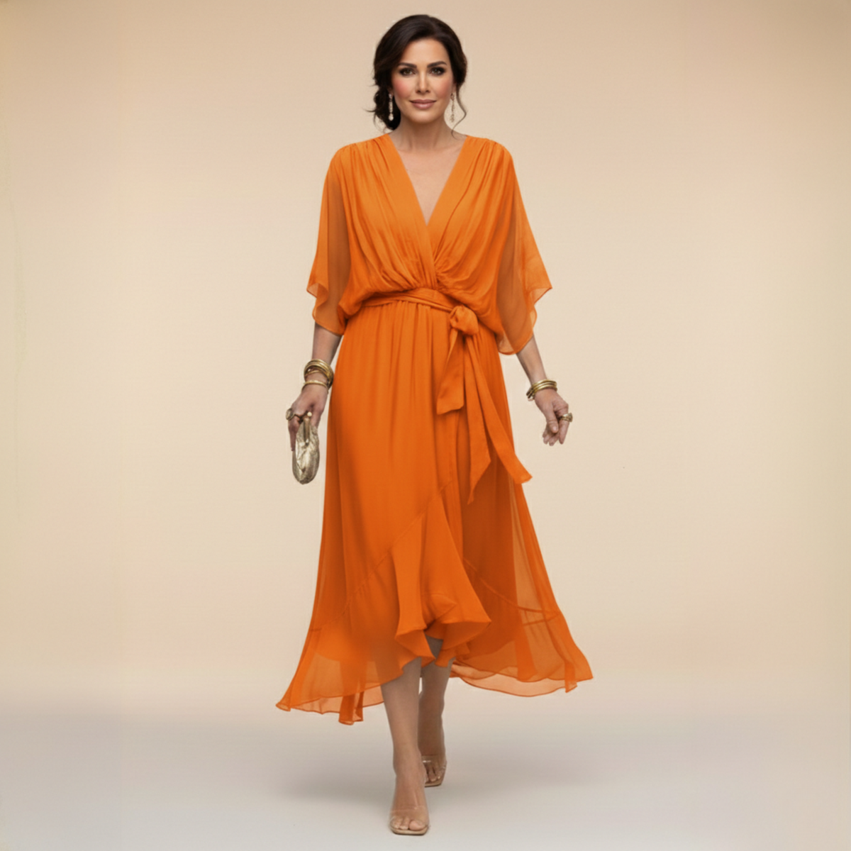 Midi Dress Women Lightweight Flowy Relaxed Fit V Neck Flared Hem