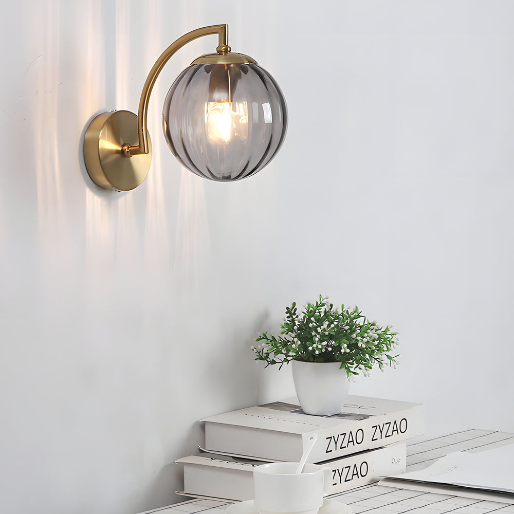 Luna | Wall Lamp | Curved Arm, Spherical Ribbed Glass Shade, 1-Light