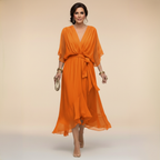 Summer Dress Women Lightweight Chiffon V Neck Flowy Silhouette