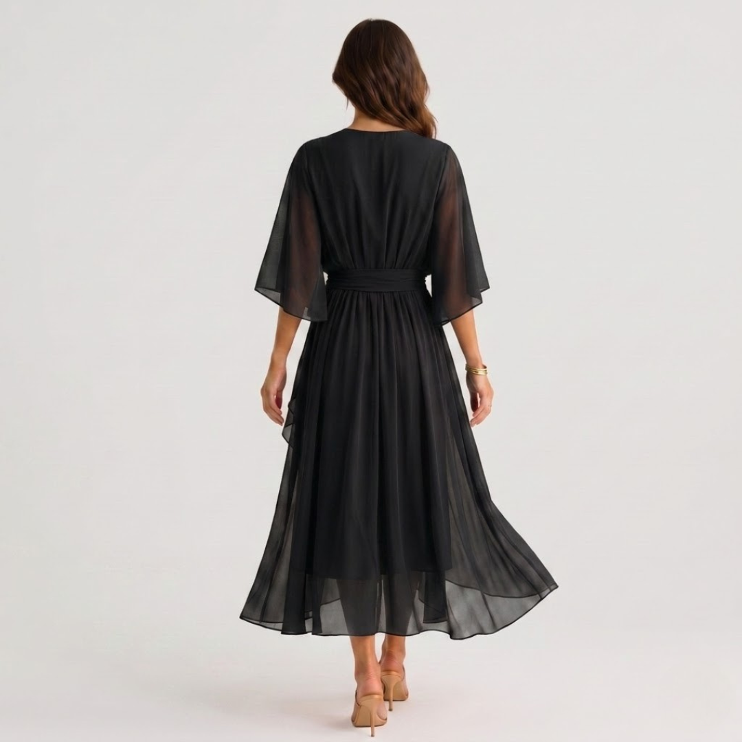 Midi Dress V Neck Wrap Waist Tie Layered Hem | Honor