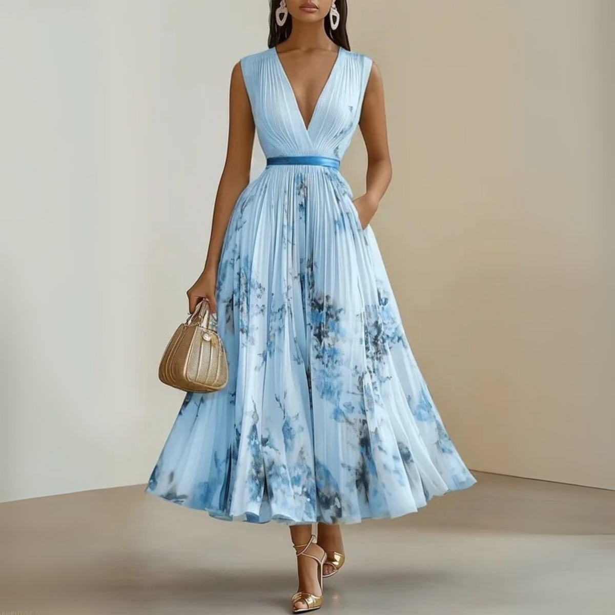 Women Flowy Midi Dress Pleated