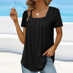 Noor | Women's Blouse | Square Neck, Short Sleeve | Pleated Detail