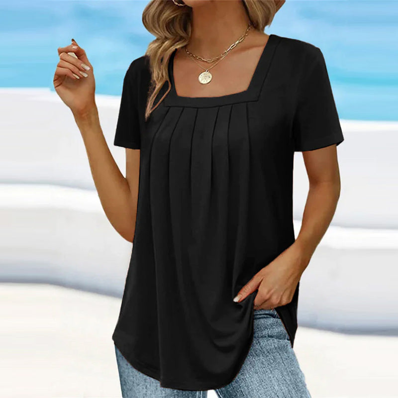 Noor | Women's Blouse | Square Neck, Short Sleeve | Pleated Detail