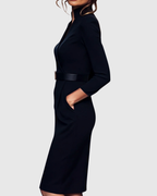Midi Dress Women Fitted Pencil Wrap Neckline Three Quarter Sleeve