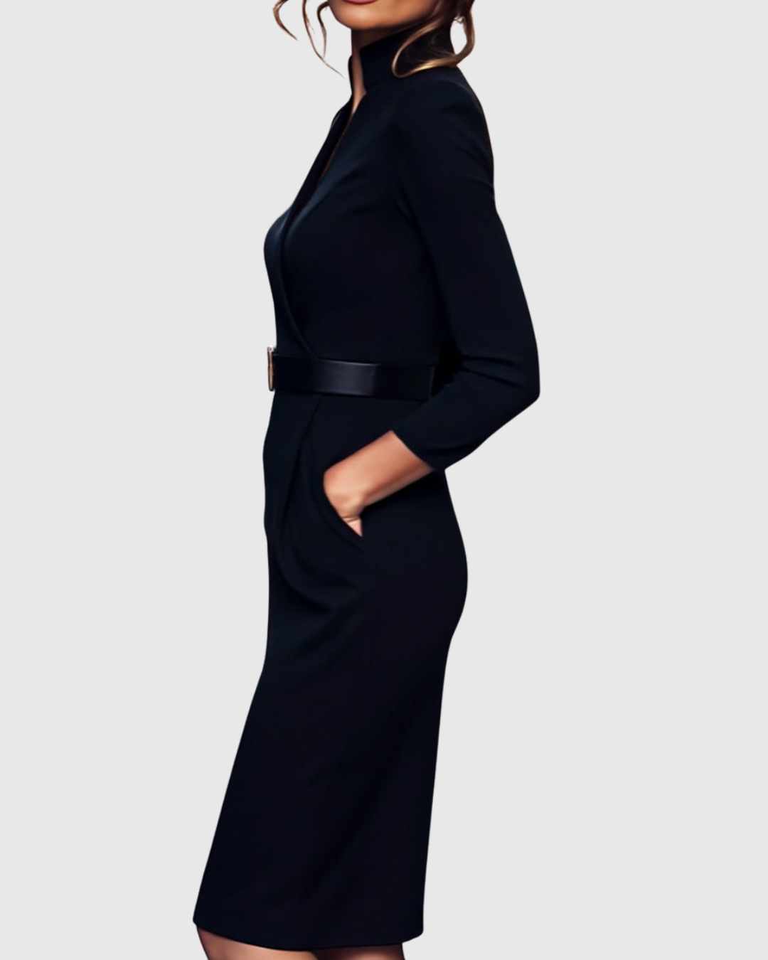 Midi Dress Women Fitted Pencil Wrap Neckline Three Quarter Sleeve