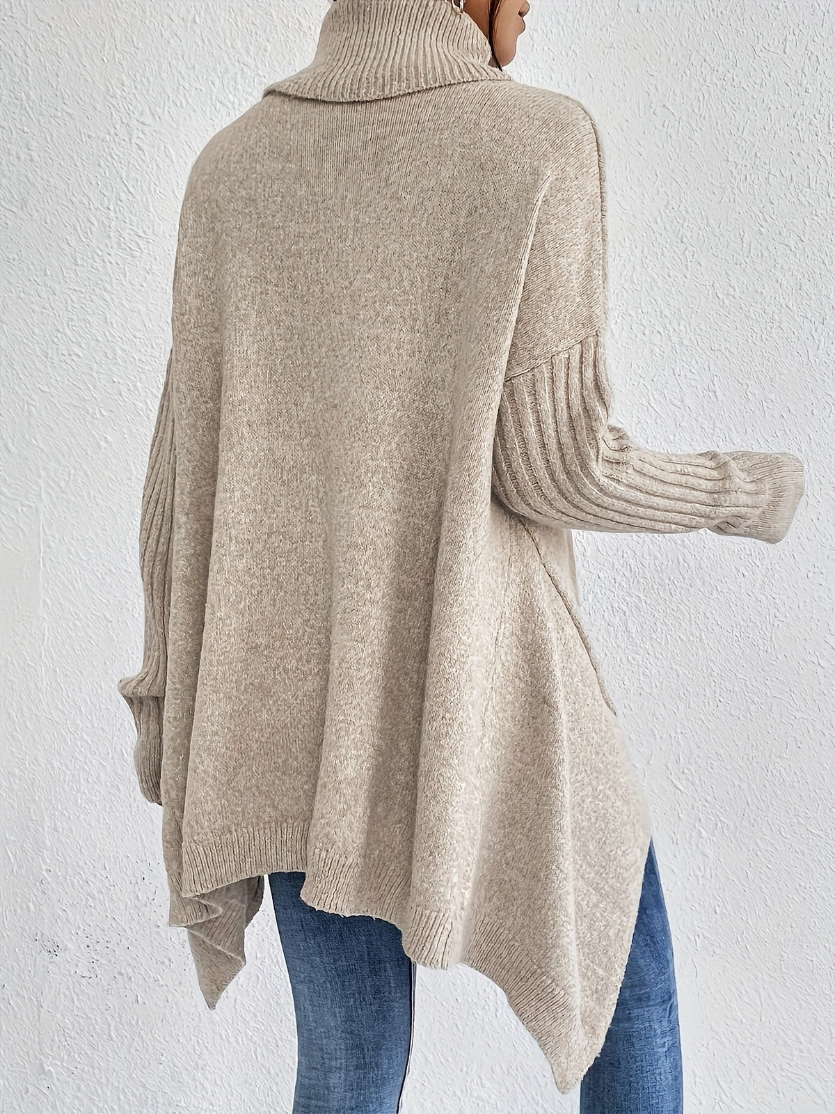 Women knit sweater high neck asymmetric hem relaxed fit
