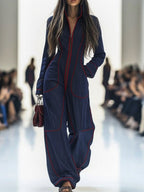 Women Denim Jumpsuit Wide Leg Long Sleeve Stand Collar Zip | Jolie