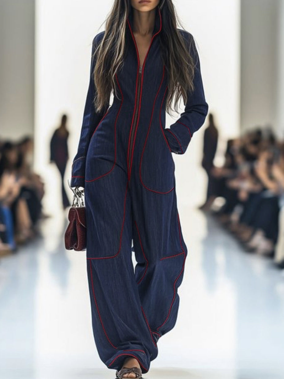 Women Denim Jumpsuit Wide Leg Long Sleeve Stand Collar Zip | Jolie