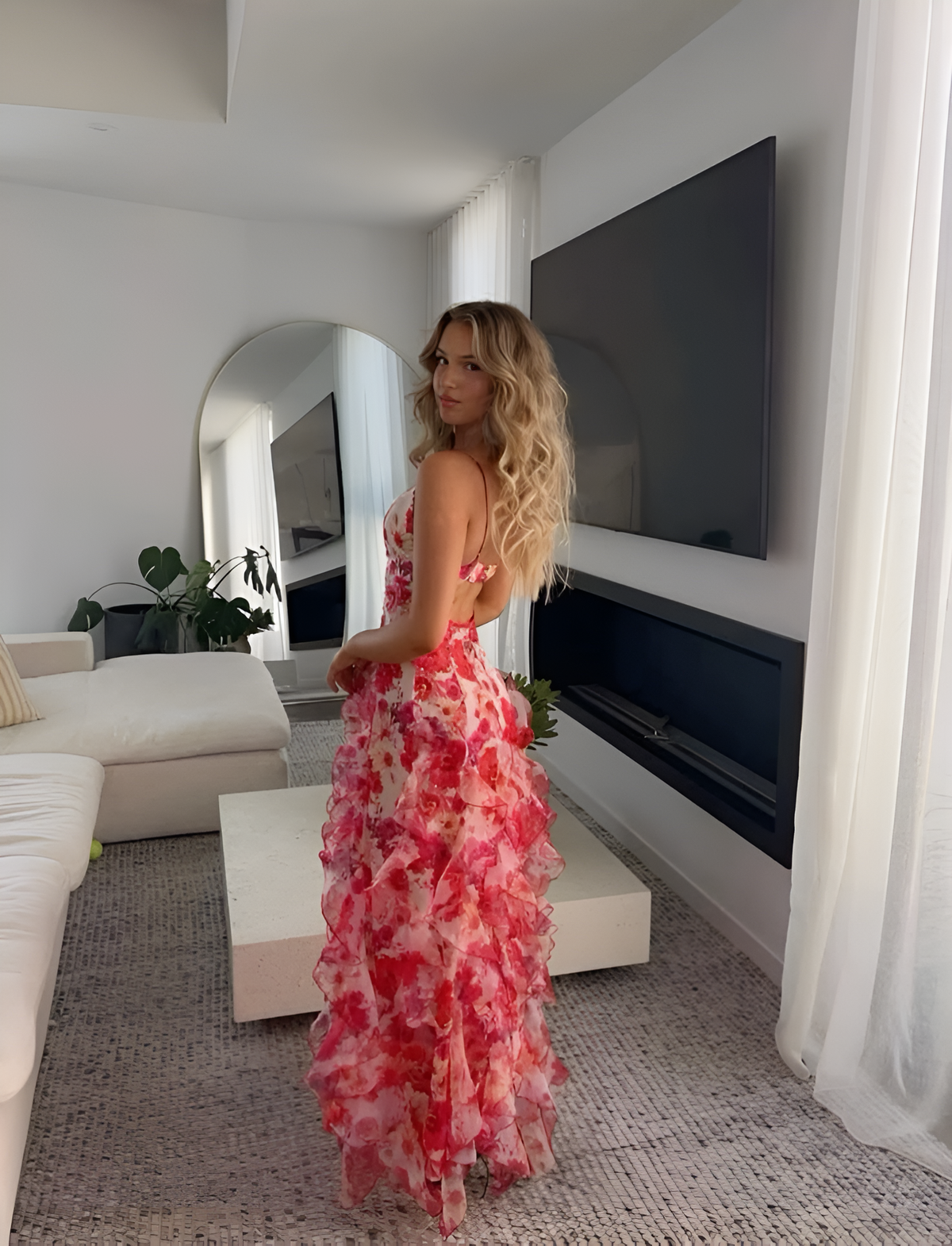 Women Tulle Floral Maxi Dress Plunge Neckline