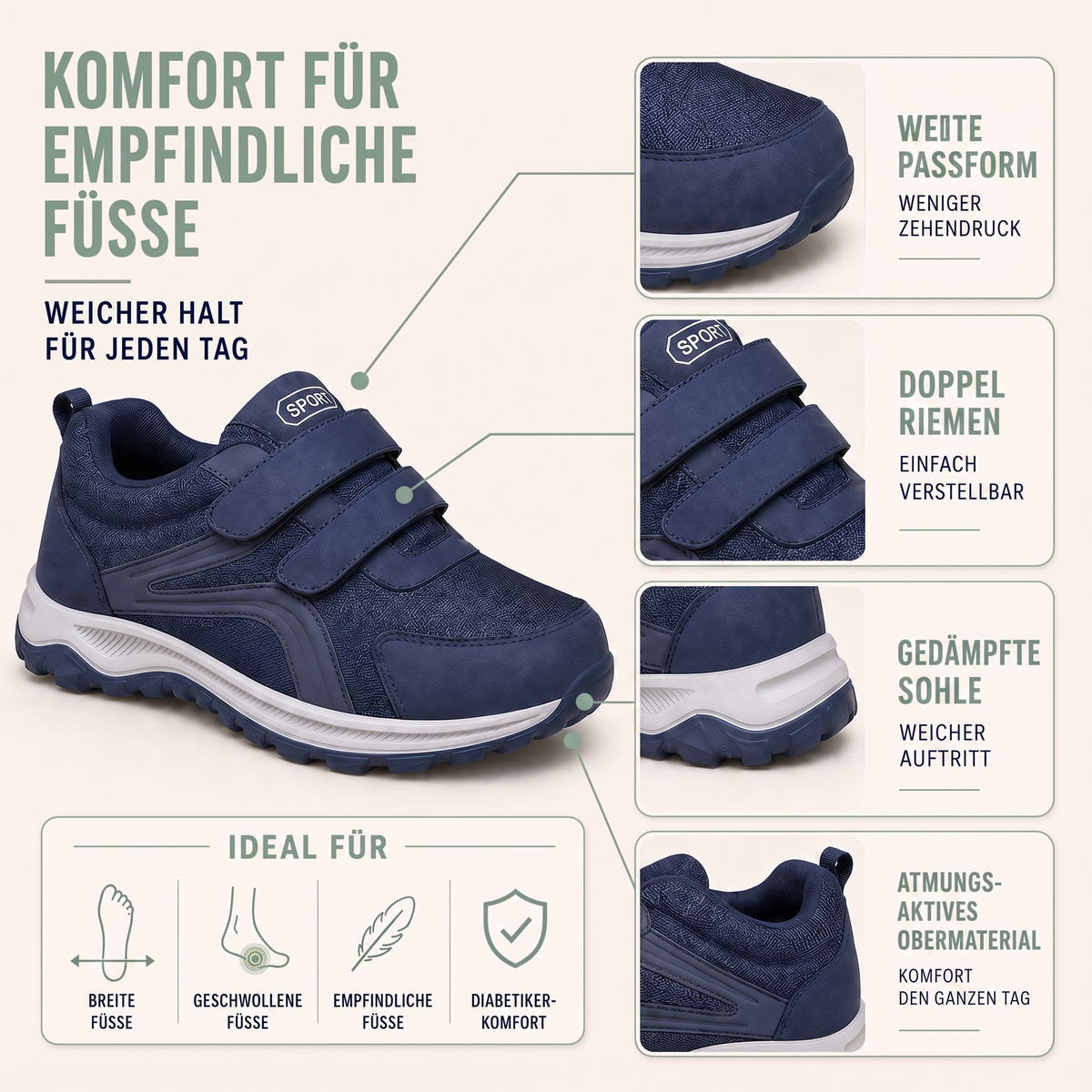 Orthopedic Shoes Men Wide Fit Breathable Velcro Walking Shoes